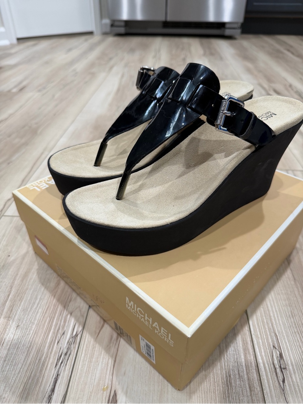 Michael Kors Black Patent Thong Wedge Sandals with Silver Buckle